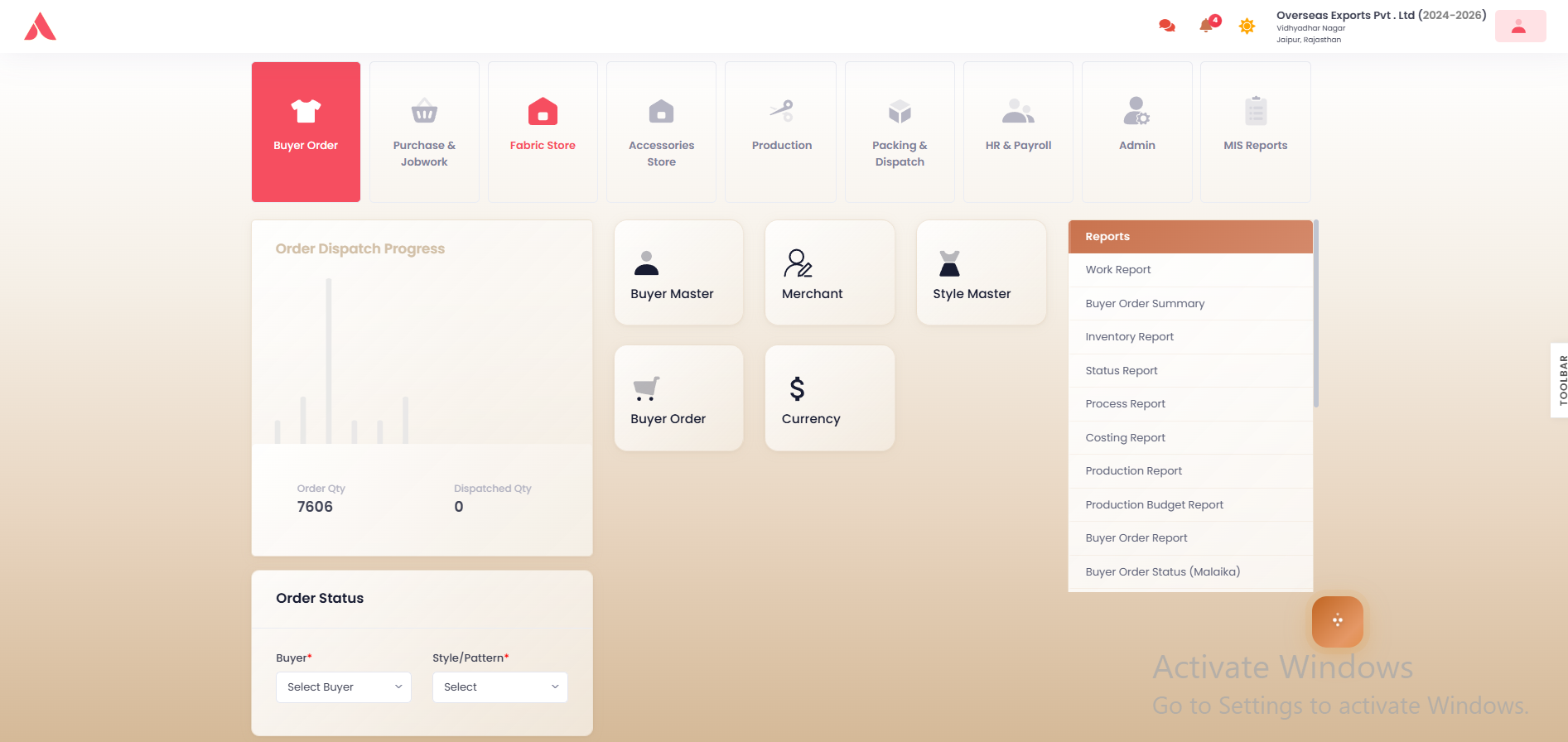 Adept ERP dashboard